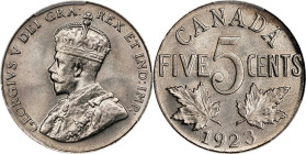 CANADA. 5 Cents, 1923. Ottawa Mint. George V. PCGS MS-65.

KM-29. SCARCE in this Gem state of preservation and rolling with satiny luster, the surfa...