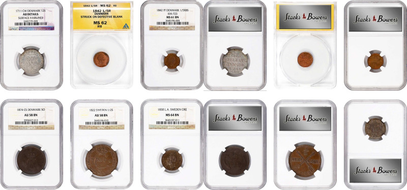 DENMARK. Sextet of Mixed Denominations (6 Pieces), 1711-1874. All NGC or ANACS C...