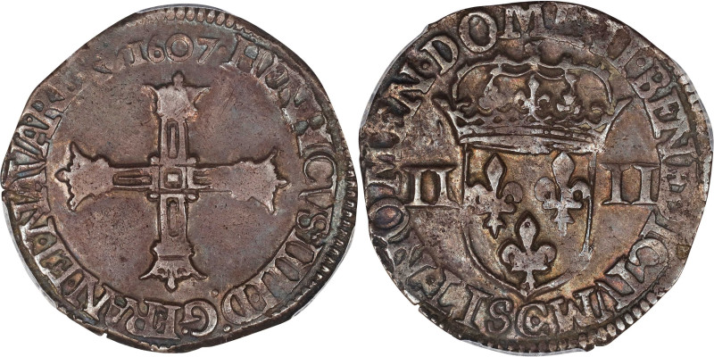 FRANCE. 1/4 Ecu, 1607-C. Saint-Lo Mint. Henry IV. PCGS AU-50.

Dup-1230; KM-28...