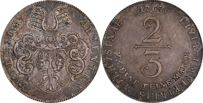 GERMANY. Muhlhausen. 2/3 Taler, 1767. PCGS EF-45.

KM-74; J-6. Despite some ev...