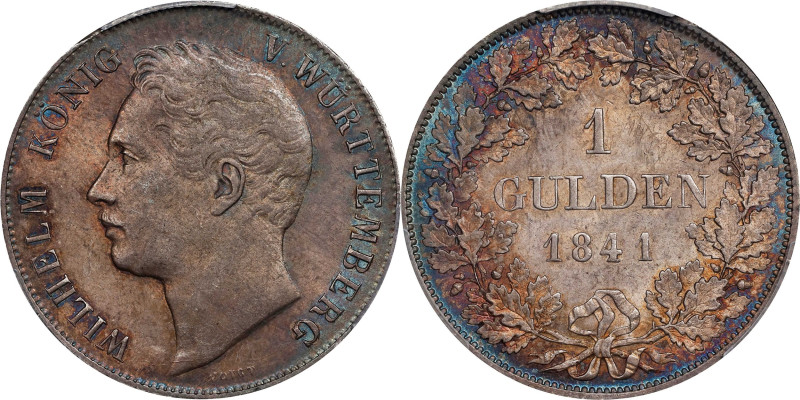 GERMANY. Wurttemberg. Gulden, 1841. Wilhelm I. PCGS MS-63.

KM-574. Variety wi...