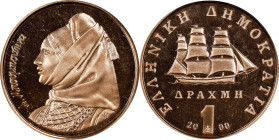 GREECE. Gold Drachma, 2000. NGC PROOF-68 Ultra Cameo.

Fr-36; KM-189. Featuring the left-facing bust of the heroine Bouboulina, this nearly-flawless...