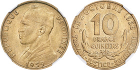 GUINEA. 10 Francs, 1959. NGC MS-66.

KM-2. A beautiful and impressive specimen, delivering a soft brassy brilliance and much appeal.

Estimate: $1...