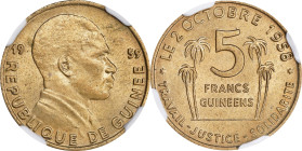 GUINEA. 5 Francs, 1959. NGC MS-66.

KM-1. Tied for the finest certified specimen, this handsome example delivers much charm, with a soft brassy lust...