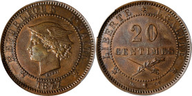 HAITI. Copper 20 Centimes Essai (Pattern), 1877-IB CT. Strasbourg Mint. PCGS SPECIMEN-58.

KM-Pn75. While displaying limited signs of handling, this...