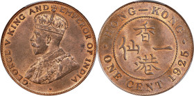 HONG KONG. Cent, 1925. London Mint. George V. PCGS MS-64 Red Brown.

KM-16; Mars-C5; Prid-187. Falling just short of Gem status, this specimen provi...
