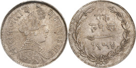 INDIA. Baroda. Rupee, VS 1954 (1897). Sayaji Rao III (under Victoria as Empress). PCGS MS-63.

KM-Y-36A. A silvery-grey example featuring light cart...
