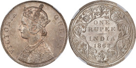 INDIA. Rupee, 1862-(B). Bombay Mint. Victoria. NGC MS-63.

KM-473.1; S&W-4.99; Prid-103. A handsome Choice Mint State example, delivering a strong v...