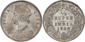 INDIA. 1/4 Rupee, 1862-(C). Calcutta Mint. Victoria. PCGS MS-63.

KM-470; S&W-4.130; Prid-376. Soft gray in color, this example possesses some notes...