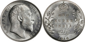 INDIA. Rupee, 1910-(C). Calcutta Mint. Edward VII. PCGS MS-62.

KM-508; S&W-7.49; Prid-196. Emanating from the final year in the reign (and life) of...