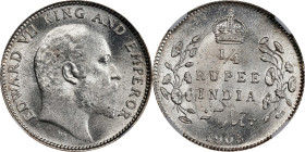 INDIA. 1/4 Rupee, 1905-(C). Calcutta Mint. Edward VII. NGC MS-65.

KM-507; S&W-7.56; Prid-309. A beautiful Gem specimen, this wholesome example yiel...