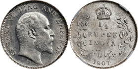 INDIA. 1/4 Rupee, 1907-(C). Calcutta Mint. Edward VII. NGC MS-63.

KM-506; S&W-7.86; Prid-436. This beautiful 1/4 Rupee delivers a rich luster and m...