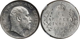 INDIA. 1/4 Real, 1907-(C). Calcutta Mint. Edward VII. NGC MS-62.

KM-506; S&W-7.86; Prid-436. This appealing Mint State specimen generates much char...