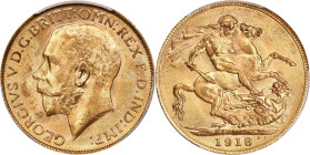 INDIA. Sovereign, 1918-I. Calcutta Mint. George V. PCGS MS-63.

S-3998; Fr-1609; KM-A525. A bright and beautiful Sovereign, delivering rich details ...