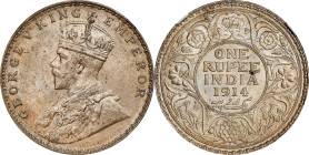 INDIA. Rupee, 1914-(B). Bombay Mint. George V. NGC MS-64.

KM-513; S&W-8.278; Prid-220. A lovely Gem, this impressive Rupee is coated in a soft gold...