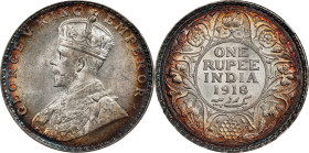INDIA. Rupee, 1918-(B). Bombay Mint. George V. NGC MS-62.

KM-524; S&W-8.43; Prid-224. This appealing Mint State Rupee delivers rich details and a h...