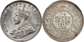 INDIA. 1/4 Rupee, 1917-(C). Calcutta Mint. George V. NGC MS-63.

KM-518; S&W-8.156; Prid-446. This pleasing 1/4 Rupee generates much appeal on accou...