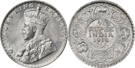 INDIA. 1/4 Rupee, 1918-(C). Calcutta Mint. George V. PCGS MS-65.

KM-518; S&W-8.158; Prid-447. A beautiful bright white example, with seemingly unen...