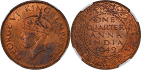 INDIA. Mint Error -- Rotated Dies -- 1/4 Anna, 1942-(C). Calcutta Mint. George VI. NGC MS-63 Red Brown.

KM-531. An impressive piece, particularly w...