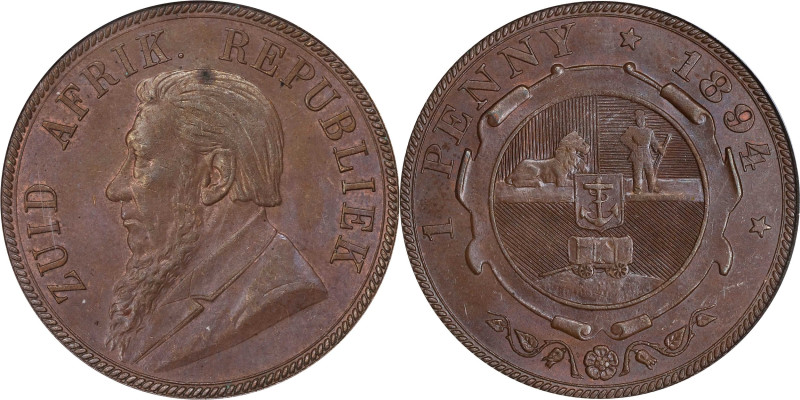 SOUTH AFRICA. Penny, 1894. Pretoria Mint. PCGS MS-64 Brown.

KM-2. An impressi...