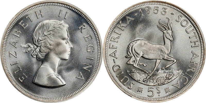 SOUTH AFRICA. 5 Shillings, 1953. Pretoria Mint. Elizabeth II. PCGS MS-67.

KM-...