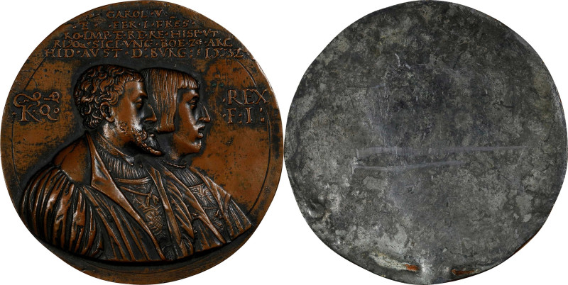 SPAIN. Charles I & Ferdinand Uniface Cast Bronzed Lead Medal, "1532" (though a m...