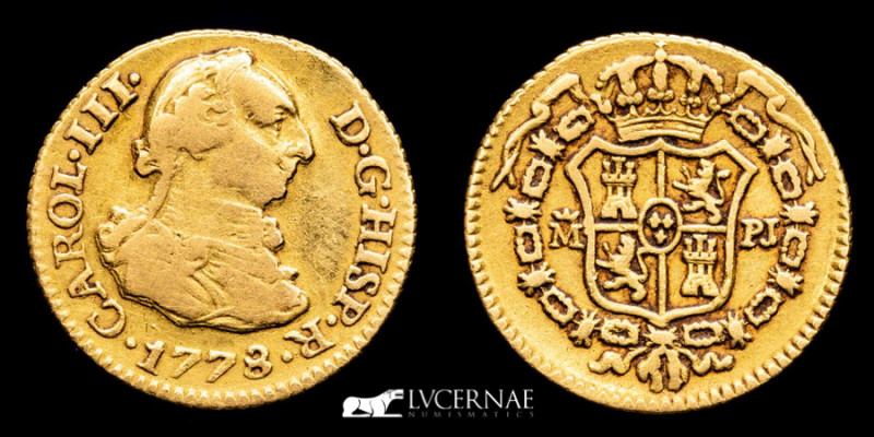 Spain - Carlos III (1759-1788)

Gold 1/2 escudo, minted in Madrid, 1778 PJ.

1,7...