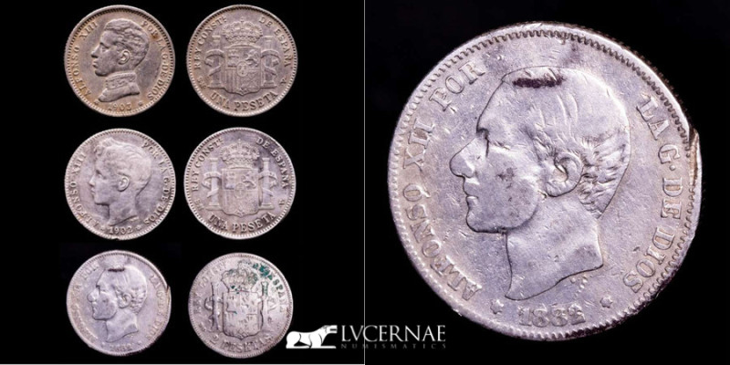 Spain - Lot comprising three (3) silver coins:

- Alfonso XIII, 1 Peseta 1902.
-...