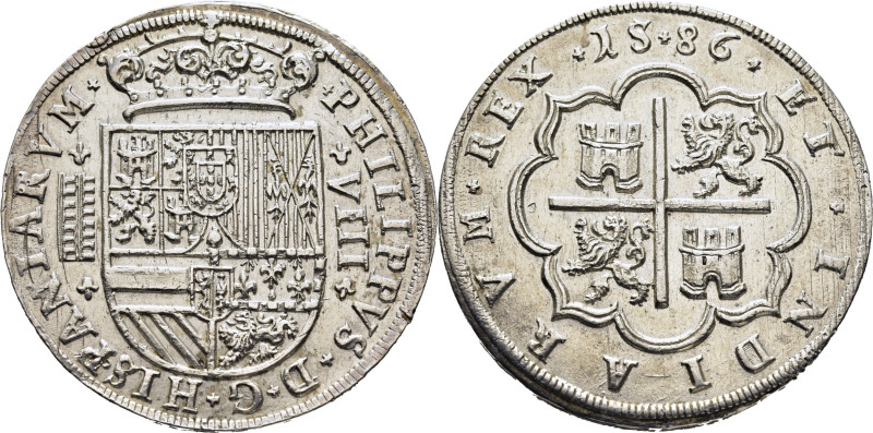 FELIPE II. Segovia. 8 reales. 1586. Acueducto de siete arcos y dos alturas en ve...