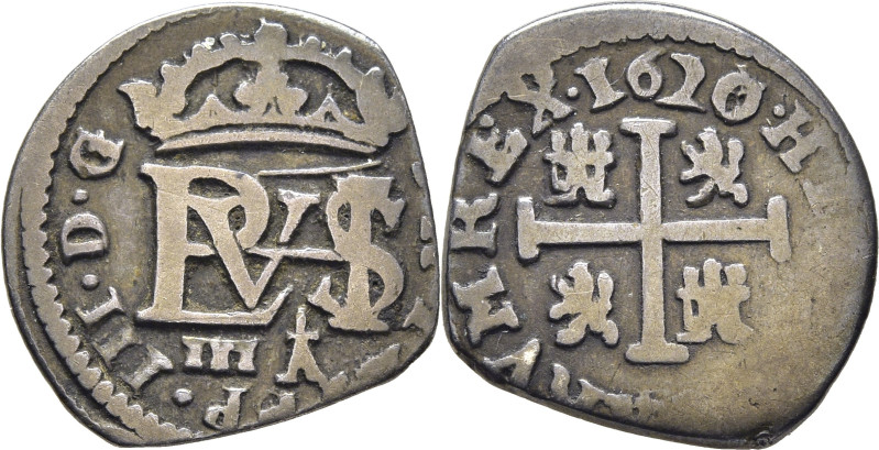 FELIPE III. Segovia. 1/2 real. 1620 parece sobre 15 sobre 3 o tal vez 8?. A supe...