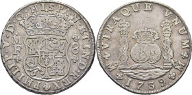 FELIPE V. Méjico. 8 reales. 1739 parece sobre algo, tal vez un 8 u otro 9. MF. Tono