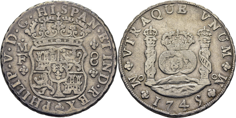 FELIPE V. Méjico. 8 reales. 1745. MF. Cy9458. 26´79 g. Marquitas en ambas áreas....