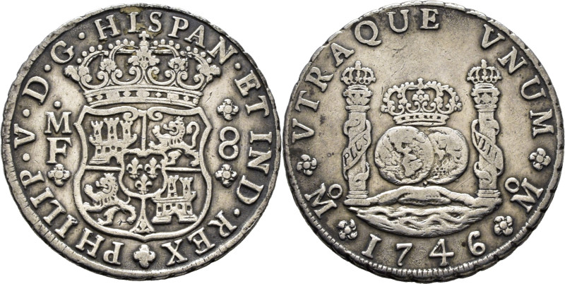 FELIPE V. Méjico. 8 reales. 1746. MF. Cy9464. Ligeramente limpiada. 26´96 g. MBC...