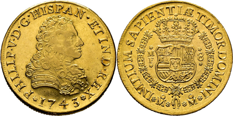 FELIPE V. Méjico. 8 escudos. 1743. MF. Cy10072. Leves suaves y finas rayitas (li...