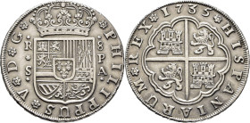 FELIPE V. Sevilla. 8 reales. 1735. PA. Marca de ceca rectificada sobre otra S. Prácticamente EBC-