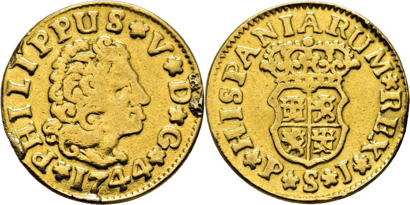 FELIPE V. Sevilla. 1/2 escudo. 1744. PJ. Cy9483. Fb240. 1´62 g. Sirvió de joya. ...