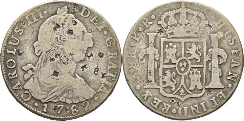 CARLOS III. Potosí. 8 reales. 1782. PR. Cy12086 (60€). 26´46 g. Resellos chinos....