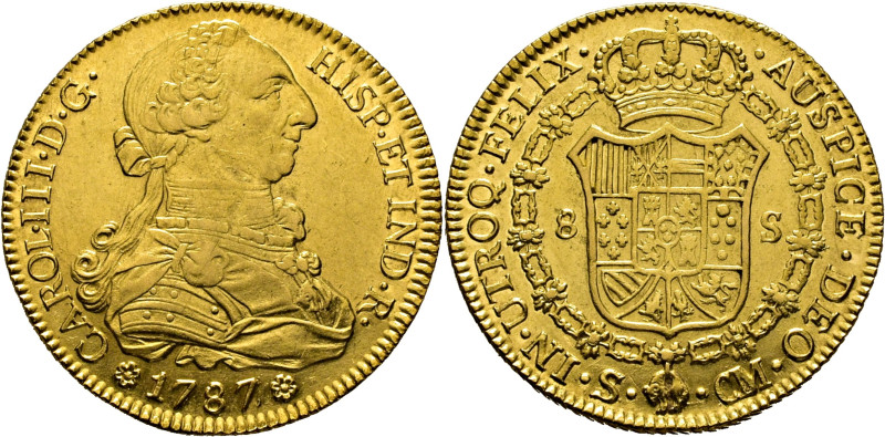 CARLOS III. Sevilla. 8 escudos. 1787 sobre 6. CM. Cy12998. Suaves finas rayitas ...