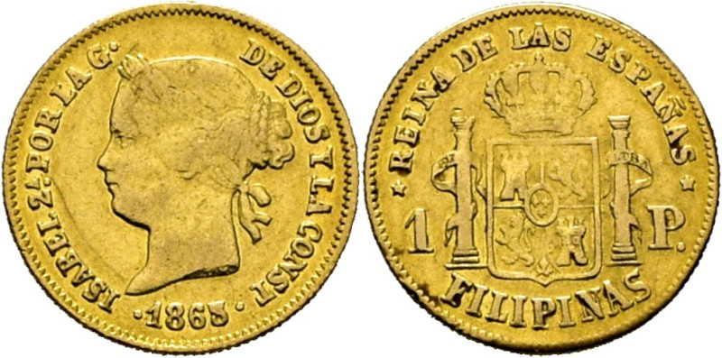 ISABEL II. Manila. 1 peso. 1865. Cy17255. Desvanecimiento en el canto, a las 11....