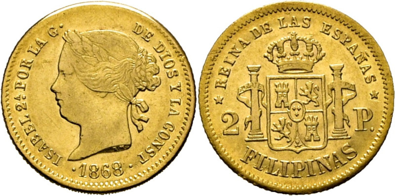 ISABEL II. Manila. 2 pesos. 1868. Cy17289. Canto perdido a las 12. Marquitas. MB...