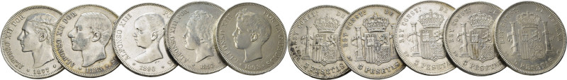 ALFONSO XII y XIII. 5 pesetas. 1877*18-77, 1885*18-87 MPM, 1890*18-90 MPM, 1893*...