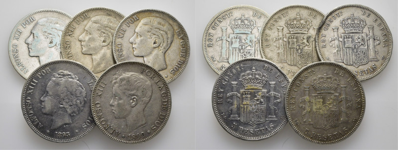 ALFONSO XII y XIII. 5 pesetas. 1879, 1881 (2), 1893 PGL y 1899. Sin fecha visibl...