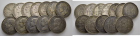 LA PESETA. 5 pesetas. 1870, 75, 76, 77, 78, 82, 83, 84, 88, 89, 90 y 91. Lote de 12