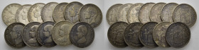 LA PESETA. 5 pesetas. 1870, 75, 76, 77, 78, 82, 83, 84, 88, 89, 90 y 91. Tono en varias. Lote de 12