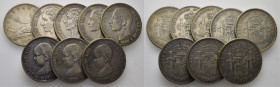 LA PESETA. 5 pesetas. 1870, 75, 76, 78, 83, 88, 90 y 91. Tono en varias. Lote de 8