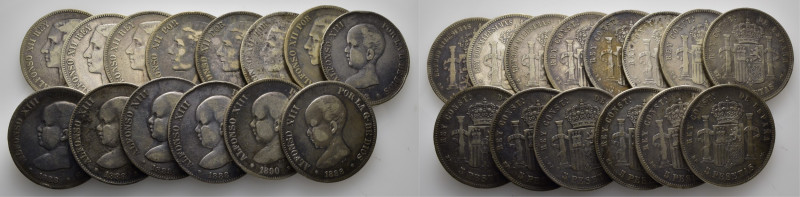 LA PESETA. 5 pesetas. 1873 (3), 78 (4), 88 (6) y 90. Con y sin estrellas visible...