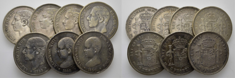 LA PESETA. 5 pesetas. 1875, 76, 78, 83, 85, 88 y 90. Con y sin estrellas visible...