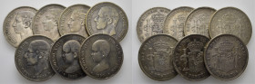 LA PESETA. 5 pesetas. 1875, 76, 78, 83, 85, 88 y 90. Tono en varias. Lote de 7