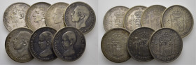 LA PESETA. 5 pesetas. 1875, 76, 78, 83, 85, 88 y 90. Tono en algunas. Lote de 7