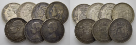 LA PESETA. 5 pesetas. 1875, 76, 78, 83, 85, 88 y 90. Tono en algunar. Lote de 7